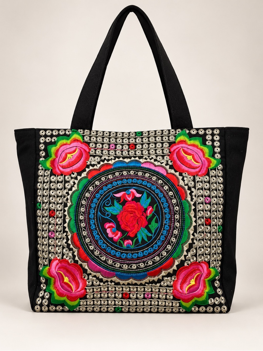 Guatemalan Embroidered Boho Floral Tote Bag Black Canvas Coin Trim